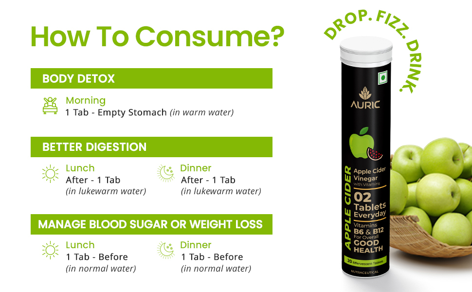 Auric Apple Cider Vinegar With Vitamins | 40 Acv Tablets With Vitamin B6 & B12 | Weight Loss & Metabolism Benefits | Bloating Relief & Gut Health For Men And Women | Taste Only Green Apple