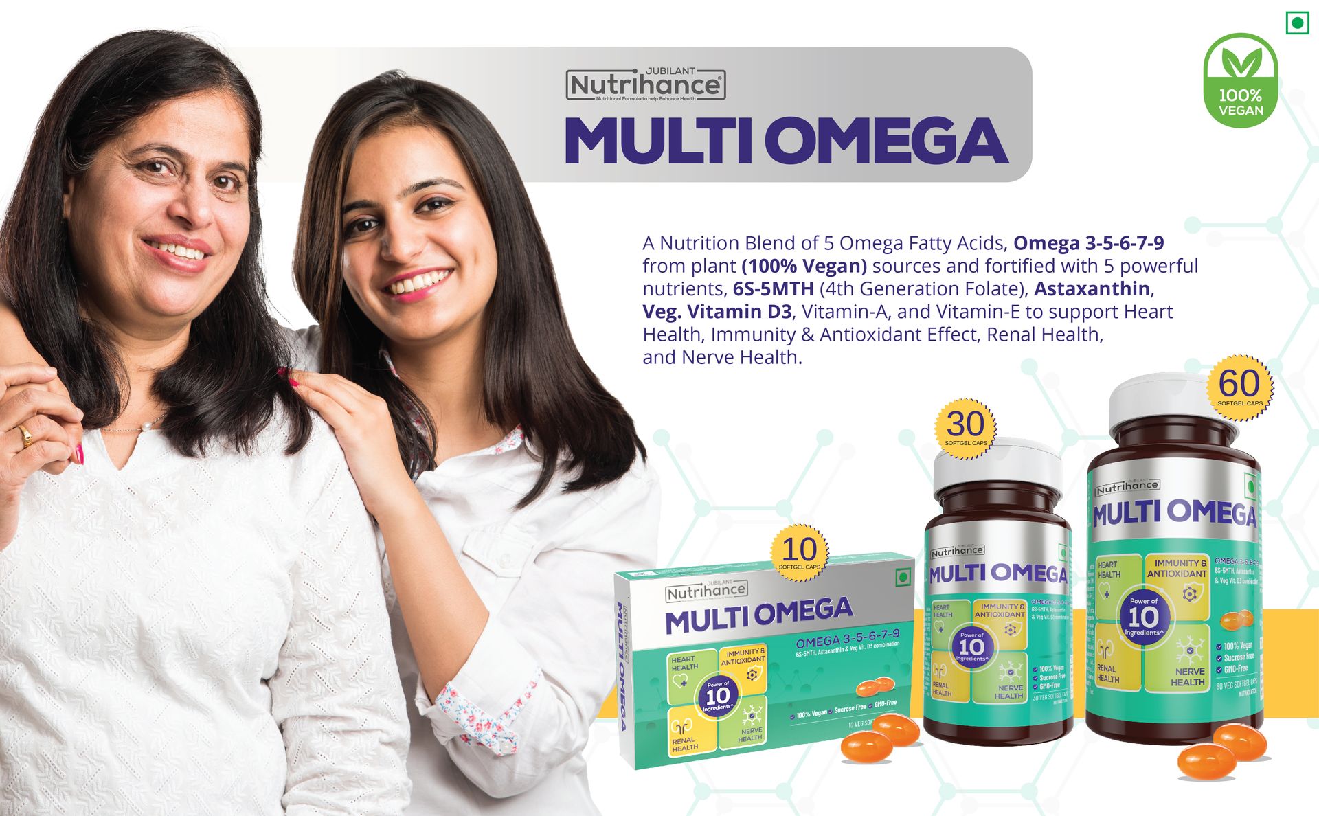 Multiomega 100% Vegan Omega Softgel | Omega 3-5-6-7-9, Vitamin D3 | Support Heart, Nerve & Renal Health | Strengthens Immunity & Antioxidant Effect (60 Veg Softgels)