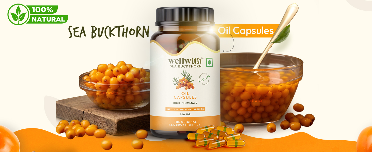 Wellwith by Ayuzera Sea Buckthorn Berry Oil Omega 7 500mg, 30 Veg HPMC Capsules, 15-Day Supply| Sea buckthorn Capsules rich In Omega 3, 6 & 9 help to keep the skin healthy| Dietary Supplements, 500mg Each