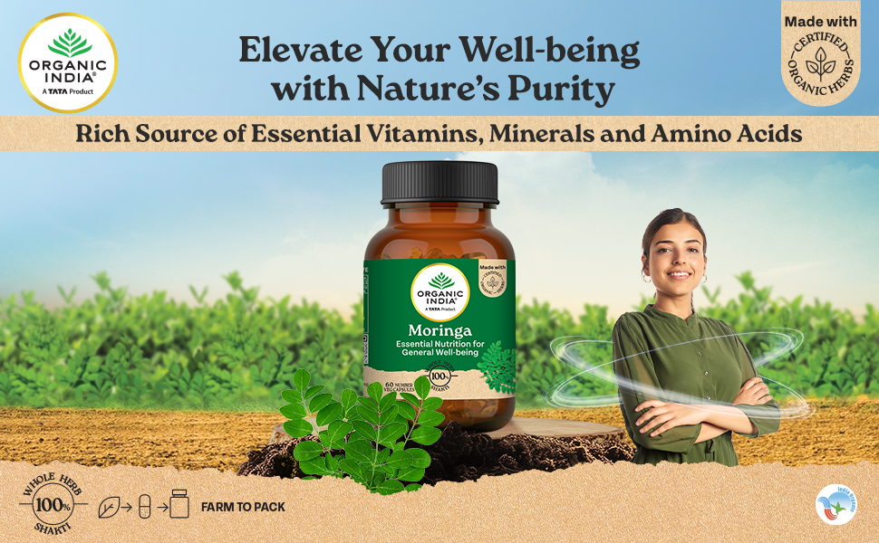 A TATA Product - Organic India Moringa Capsules - 60 Veg Caps, Essential Nutrition Superfood, Helps Naturally Boost Energy Level, Improves Stamina, Rich In Vitamins & Minerals, GMP & NPOP Certified Organic