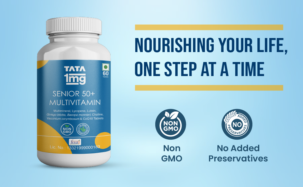 Tata 1mg Senior 50+ Multivitamin & Multimineral Veg Tablet with Calcium for Bone, Skin, Eye, Immunity, Heart & Joints, For Men & Women, Non-GMO & No Added Preservatives (Pack Of 60)