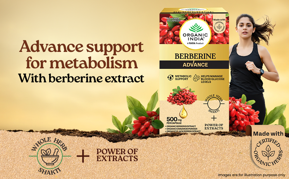Organic India Berberine Advance Capsules, 60 Veg Capsules, 500 mg per Capsule, With Organic Cinnamon & Black Pepper Extract, Metabolic Support & Blood Glucose Balance