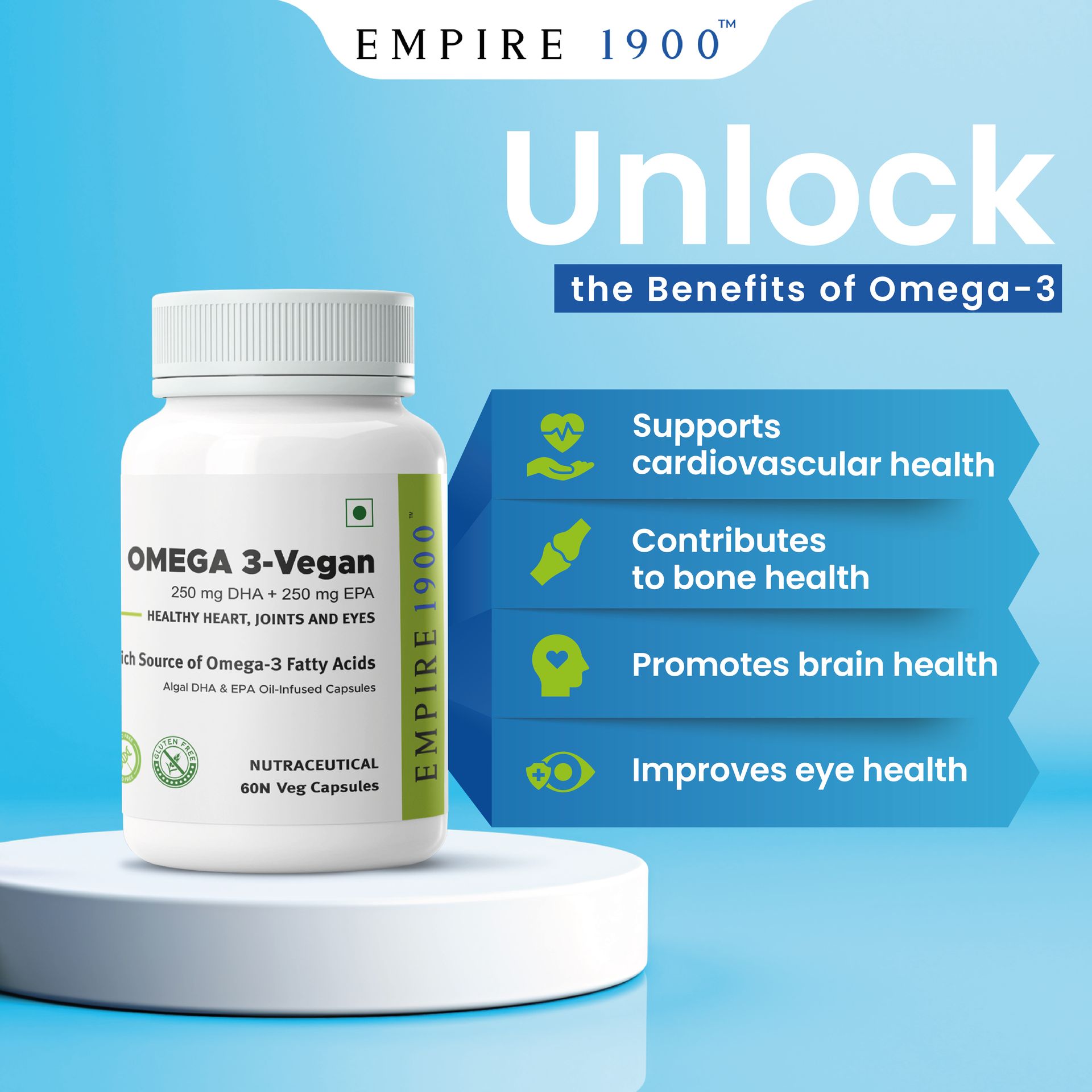 EMPIRE 1900 Omega 3 Vegetarian Capsule (EPA+DHA) | Sourced from Algae | Healthy for Men and Women | Benefits Eyes, Skin, Joints, Brain, and Heart | Suitable for Vegan Diet | Immune Health | (60 Capsules)