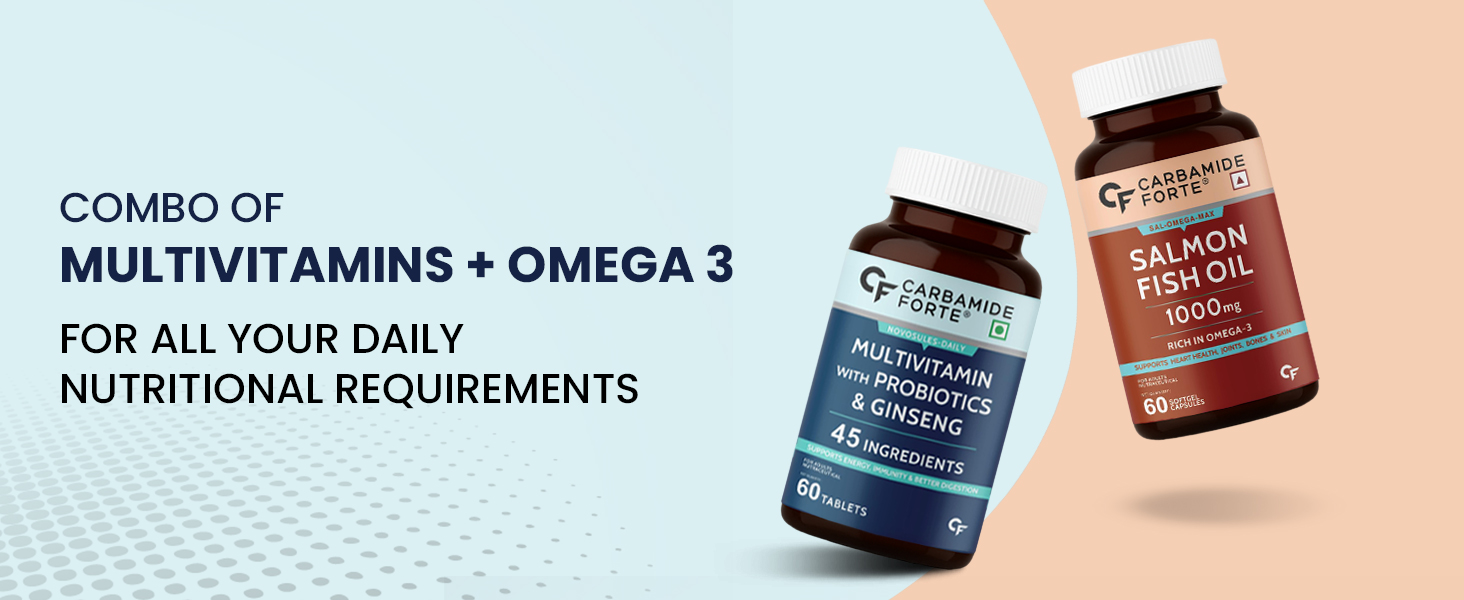 Carbamide Forte Multivitamin Tablet for Men and Women with Probiotics & Omega 3 fish oil capsules | Daily Immunity, Heart, Brain & Joint Support | 60 Tablets + 60 Softgel Capsules (Pack of 2)