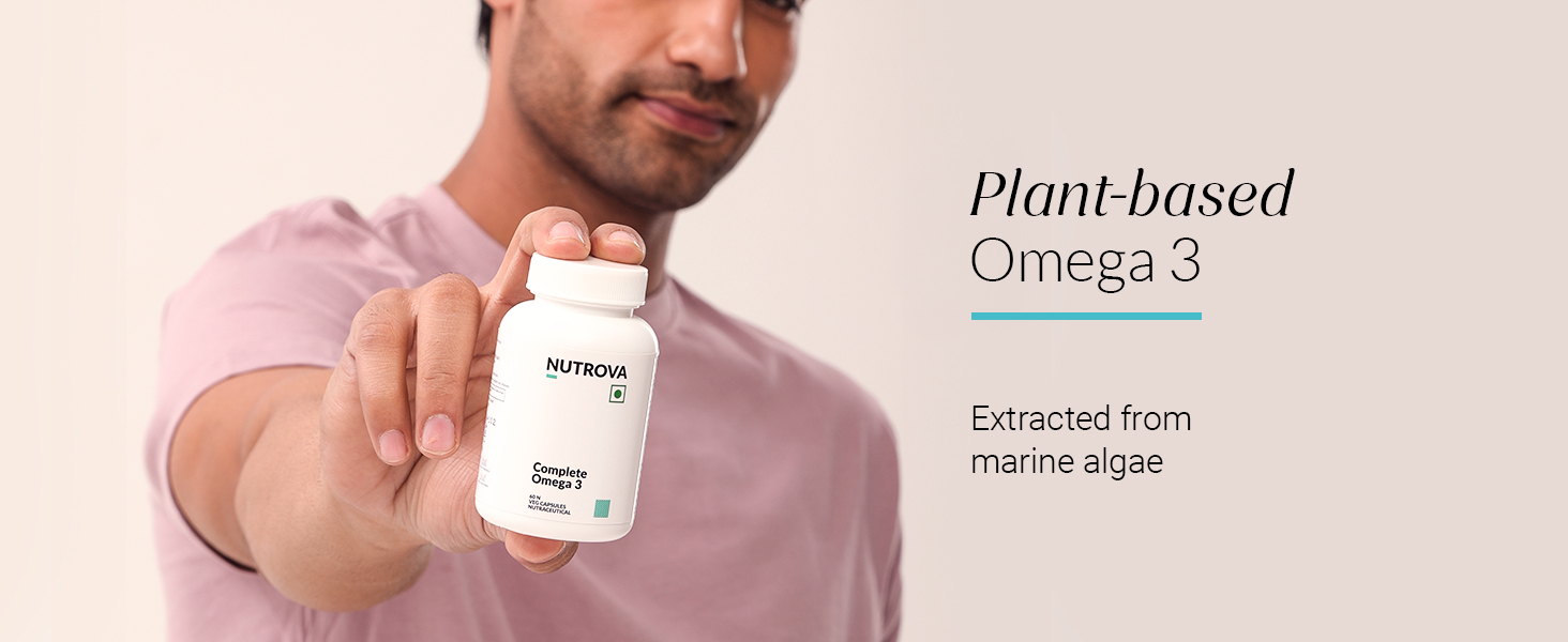NUTROVA Complete Omega 3 Vegan and Gelatin-Free 60 capsules with Marine Algal Extract Containing 17% vegan-sourced DHA – Supports Cardio Health, Skin & Hair etc - Ideal for Vegans & Vegetarians
