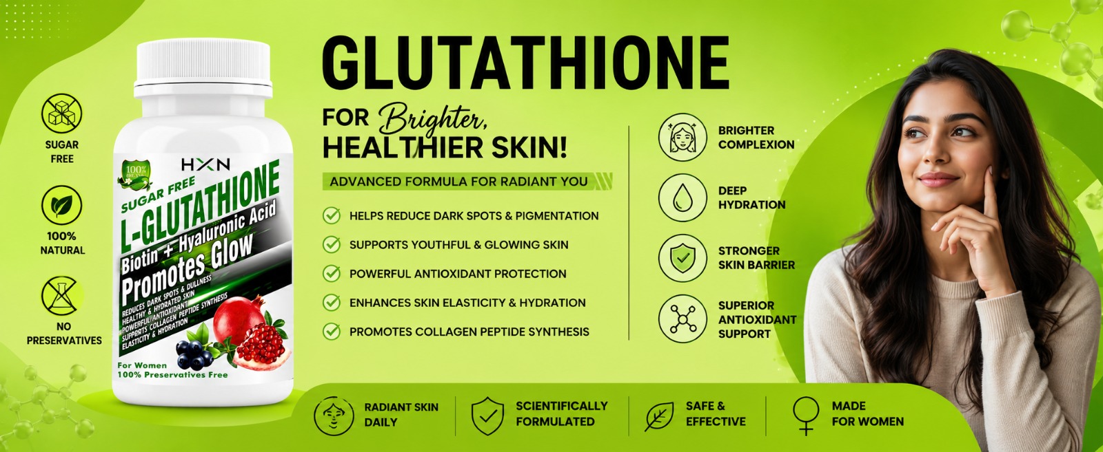 HXN Glutathione Tablets for Women | L-Glutathione Vitamin C, NAC, Hyaluronic Acid, Biotin & Collagen | Skin Health & Brightening Support | Whitening Antioxidant Supplement -90 Glutathione Tablets
