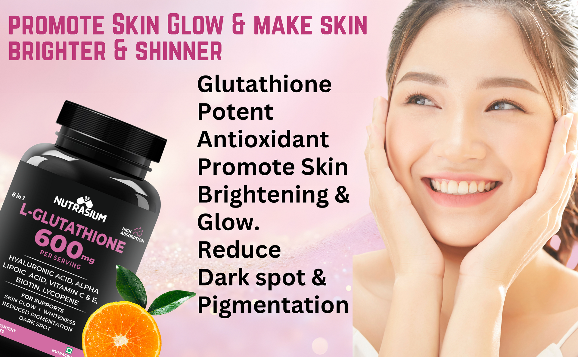 Nutrasium | Glutathione tablets for skin Glow | L-Glutathione 600 mg with Hyaluronic Acid & Biotin | For Skin Glow, Brightening, Hydration, Even skin tone & Skin Radiance | Added Vitamin C & E with Lycopene | 30 Tablets