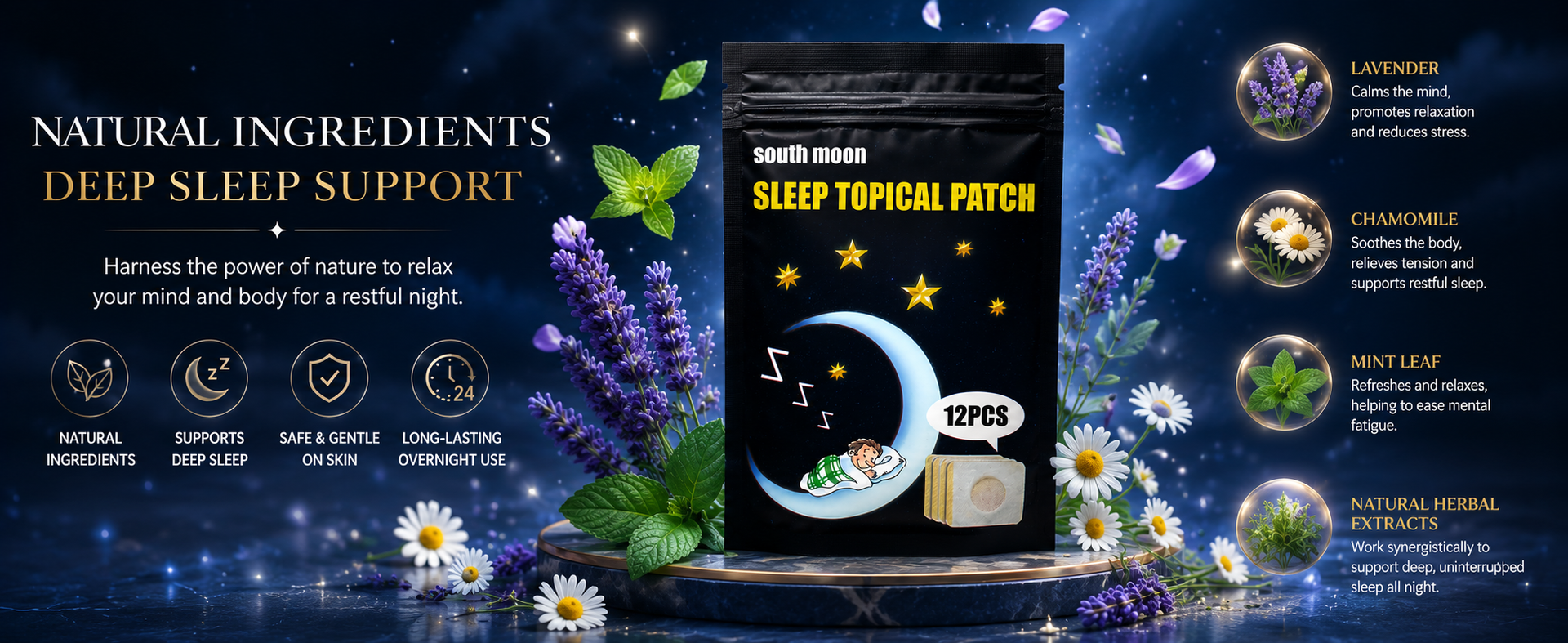 Sleep Topical Patch for Adults (12 Patches) – Overnight Sleep Support Patch, Easy-to-Apply Behind Ear, Skin-Friendly Adhesive, Travel Friendly, Nighttime Wellness for Men & Women