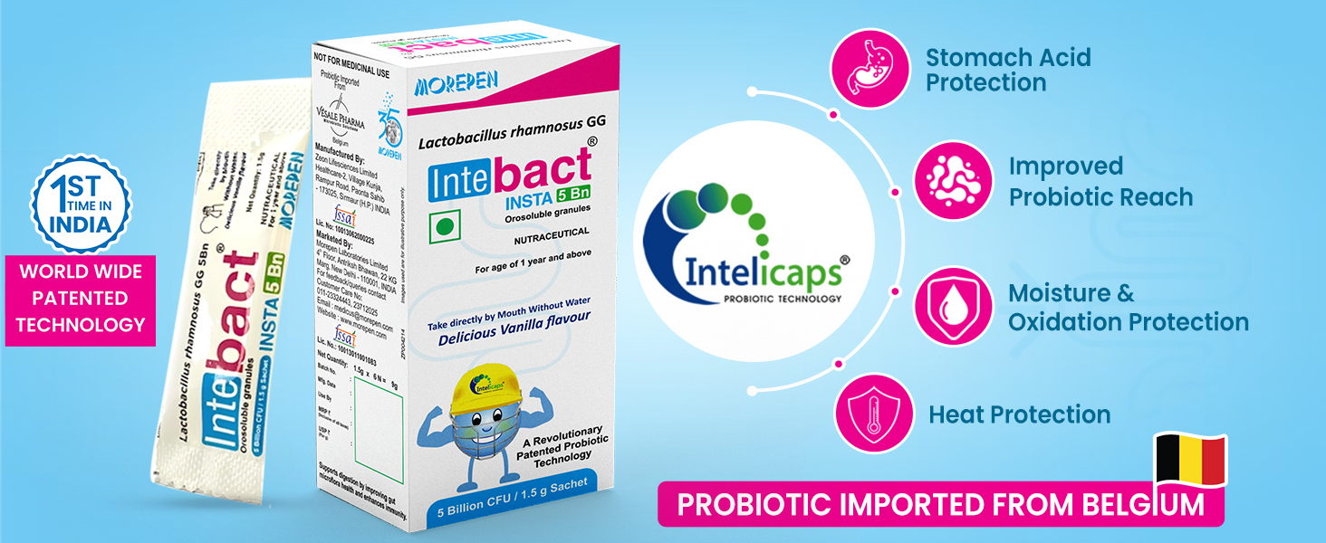 Morepen INTEBACT INSTA 5BN Probiotics Supplement Lactobacillus Bacteria support Gut Digestive Health & Immunity Booster for Men Women 6 Sachets 1.5GM each Vanilla flavour
