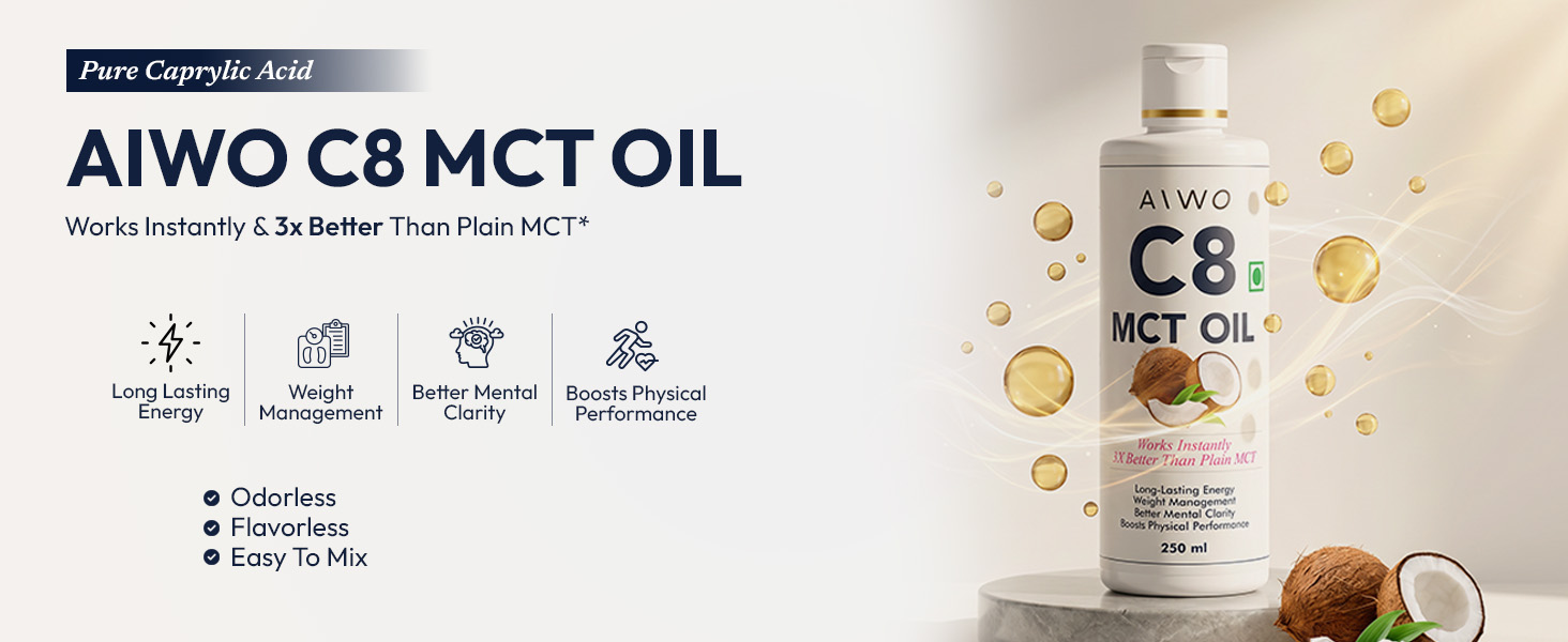 Aiwo C8 MCT Oil | 98% Caprylic Acid | From Coconut Source | Keto, Paleo, Brain & Heart Health - Fast & Sustainable Ketosis, Focus, Energy | Flavorless | 250ml