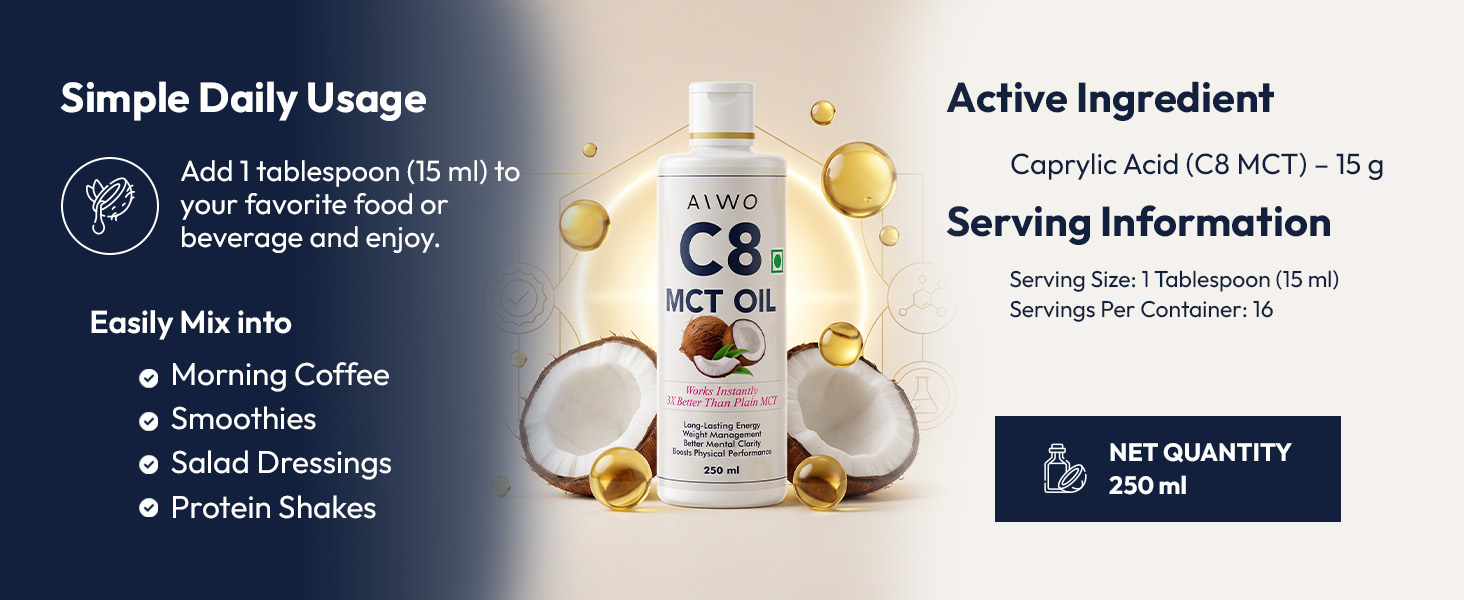 Aiwo C8 MCT Oil | 98% Caprylic Acid | From Coconut Source | Keto, Paleo, Brain & Heart Health - Fast & Sustainable Ketosis, Focus, Energy | Flavorless | 250ml