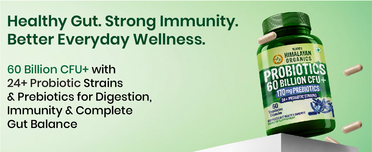 Vlado's Himalayan Organics Probiotics Supplement 60 Billion CFU+ Gut Health Supplements with Prebiotic I 24+ Probiotic Strains | Clinically Proven | For Bloating, Gas, Indigestion, IBS, IBD, Gut Health, I Probiotics Supplement for Gut Health - Men & Women – 60 Capsules