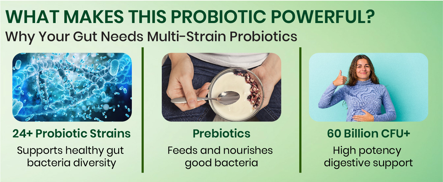 Vlado's Himalayan Organics Probiotics Supplement 60 Billion CFU+ Gut Health Supplements with Prebiotic I 24+ Probiotic Strains | Clinically Proven | For Bloating, Gas, Indigestion, IBS, IBD, Gut Health, I Probiotics Supplement for Gut Health - Men & Women – 60 Capsules