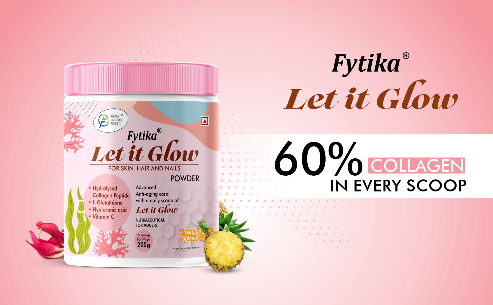 Fytika Let It Glow - 200g (Pineapple, Pack of 1) Marine Collagen Supplement for Men & Women|L- Glutathione, Vitamin C, Sesbania Agati Extract| Helps support healthy skin, hair and nails.