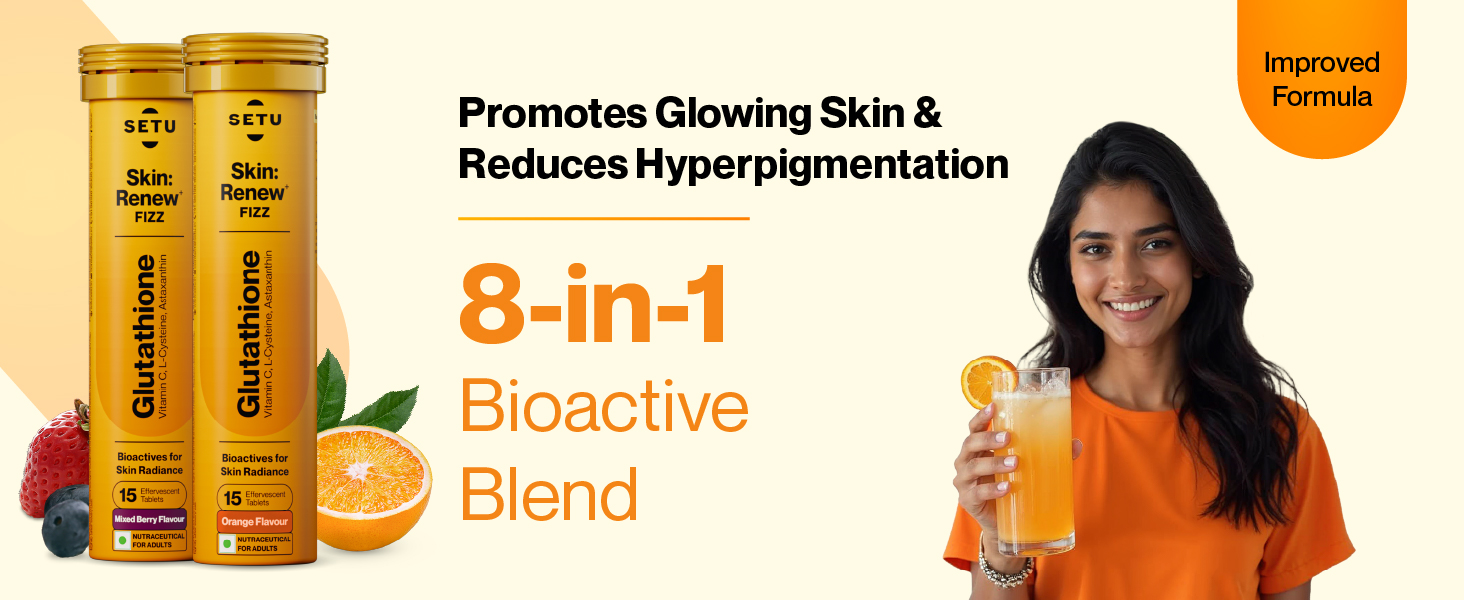 Setu Skin Renew Glutathione Tablets for Glowing Skin | 60 Effervescent Tablets with 500mg L-Glutathione & Vitamin C | Antioxidant, Skin Glow Supplement for Clear Skin | Mixed Berry & Orange, Pack of 4