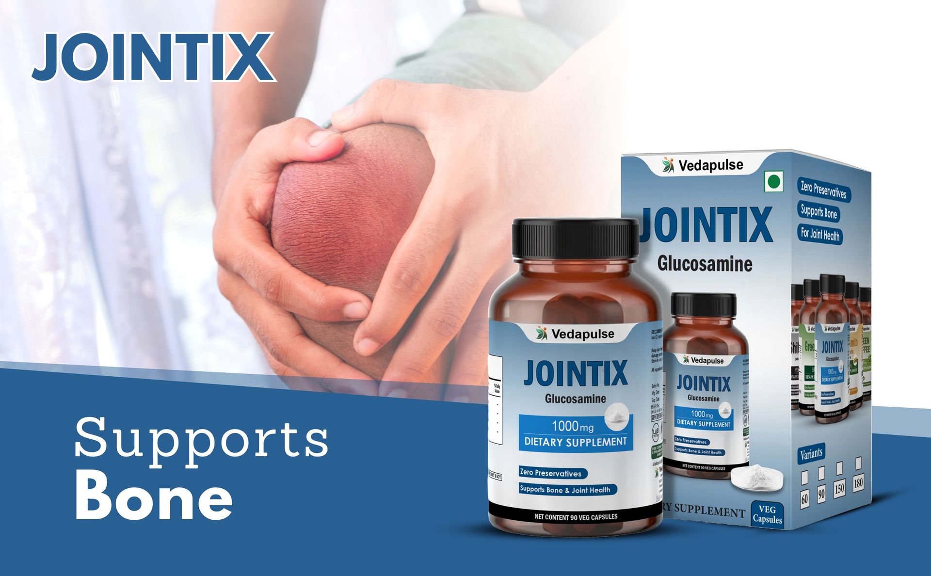 Jointix | Glucosamine HCL, Chondroitin Sulphate, MSM, Black Pepper | Bone & Joint Health Support | 1000mg | 90 Veg Capsules | No Gluten, Dairy, Soy | Health Supplement