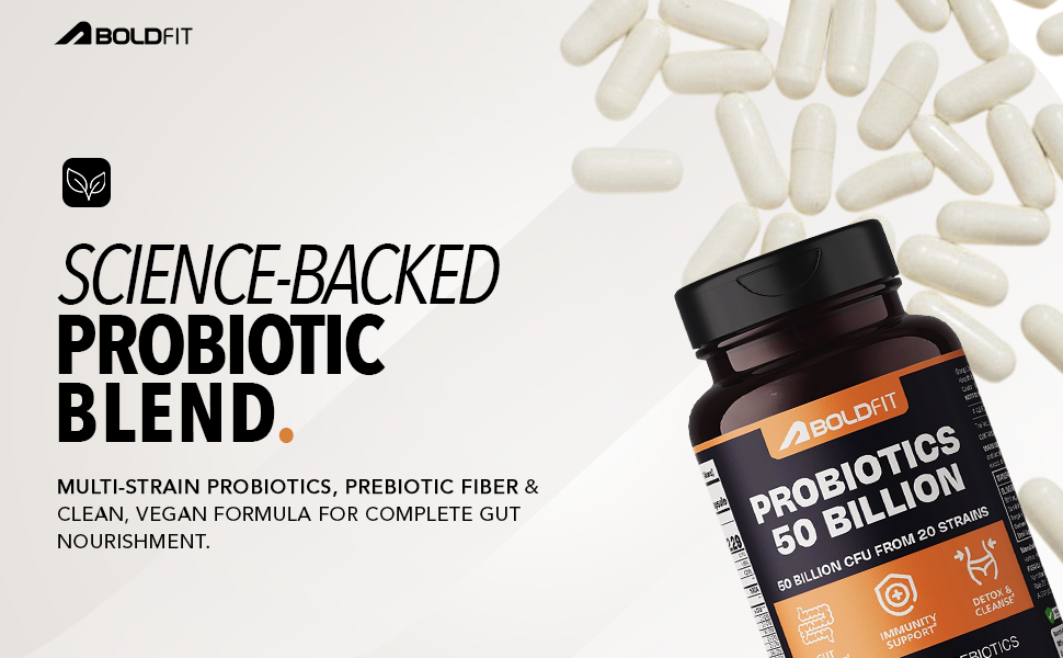 Boldfit Probiotics 50 Billion CFU with 16 Strains and Prebiotics for Gut Cleanse Detox Digestive Health Bloating Relief Constipation Probiotic Supplement for Men and Women Supports Immunity Booster - 120 Veg Capsules