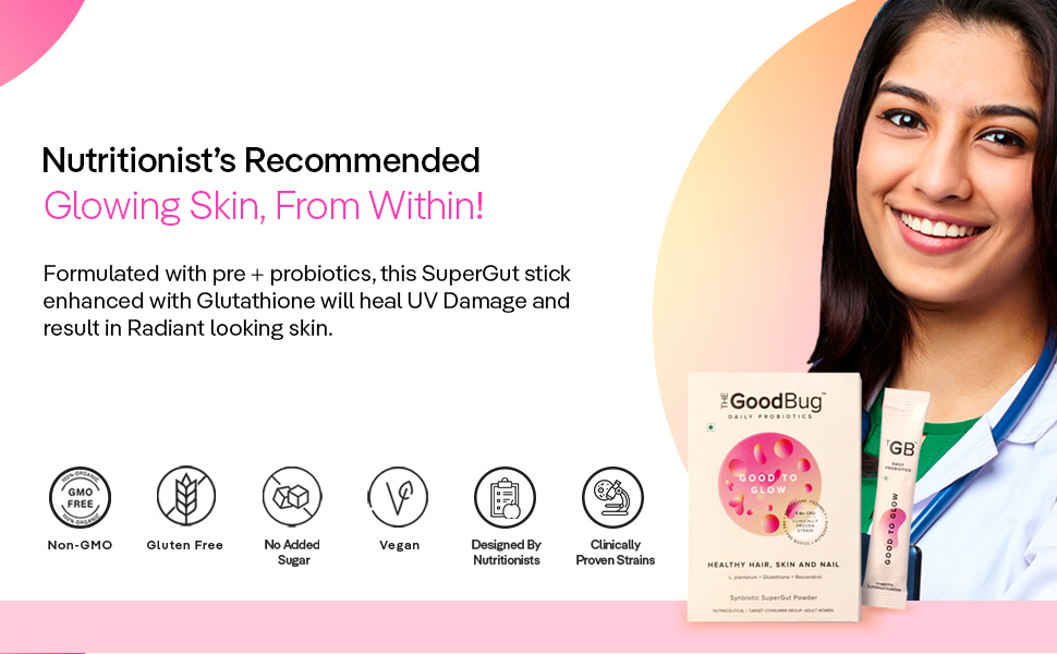 The Good Bug Good To Glow SuperGut Powder for Glowing Skin | Pre & Probiotic Supplement for Healthier Skin, Hair & Nails for Women | 5 Billion CFU of Clinically Proven Strains | 15 Days Pack