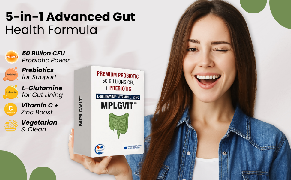 Premium Probiotic 50 Billion CFU | 20 Strains + Prebiotic FOS + L-Glutamine + Vitamin C & Zinc | Supports Digestion & Bowel Movement | Helps Gas, Bloating & Constipation | Individually Sealed ALU-ALU Blister – Maintains Live Bacteria Till Consumption | 30 Veg Capsules