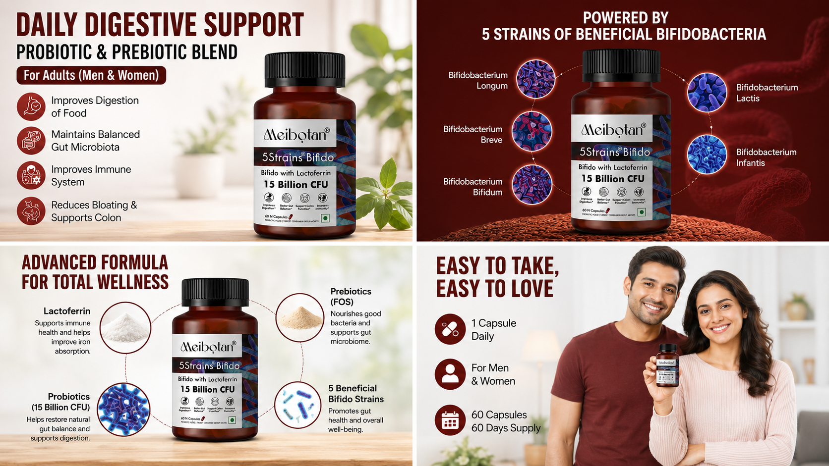 Bifidobacterium 5 Strains with 15 Billion CFU with Lactoferrin for Men & Women | Gut Support, Digestion, Immunity Support, Detox & Cleanse, 60 Veg Capsules