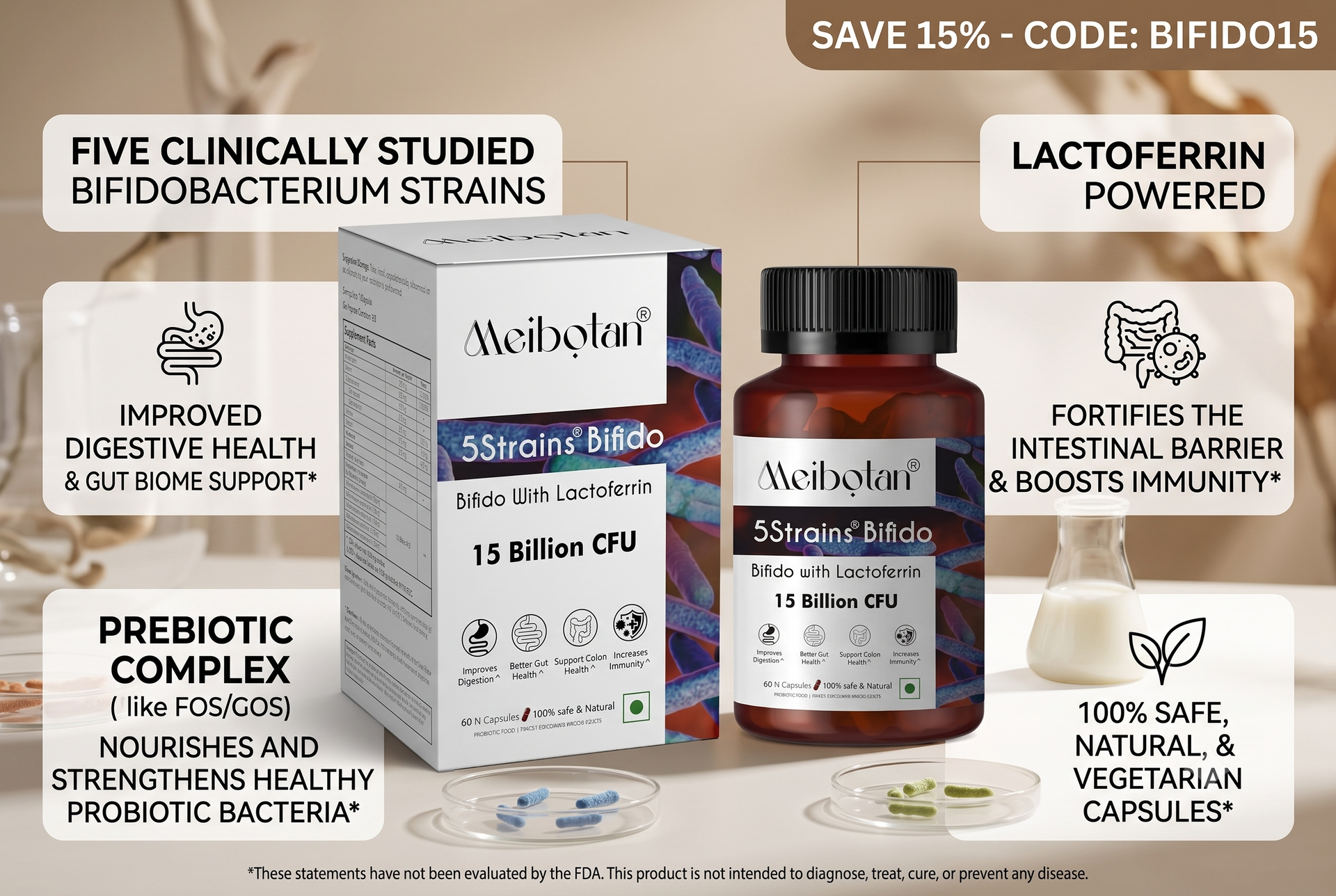 Bifidobacterium 5 Strains with 15 Billion CFU with Lactoferrin for Men & Women | Gut Support, Digestion, Immunity Support, Detox & Cleanse, 60 Veg Capsules