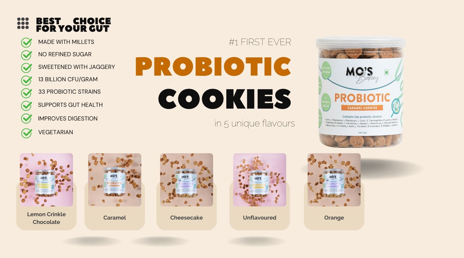 Mo's Probiotic Cookies, 150 G | Lemon Crinkle Cookies | Probiotic Supplement With 13 Billion CFU | 33 Probiotic Strains | Improve Digestion & Gut Health | Acidity Relief | Probiotics for Women | Snack Supplement