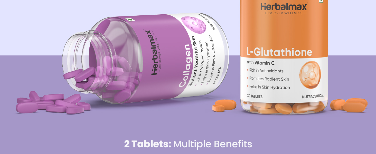 Herbal Max Collagen & L-Glutathione Supplement Skin Brightening, Anti-Aging, Hair & Nail Support 90 Tablets For Men & Women