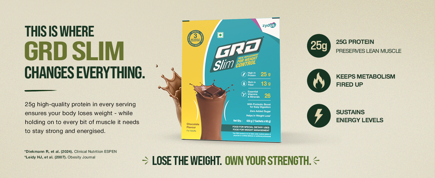 GRD Slim Meal Replacement Shake for Weight Management | Chocolate Flavour | 25g Protein | 13g Fibre | 26 Vitamins & Minerals | Zero Added Sugar | 3 Metabolic Boosters | Pack of 7 Sachets