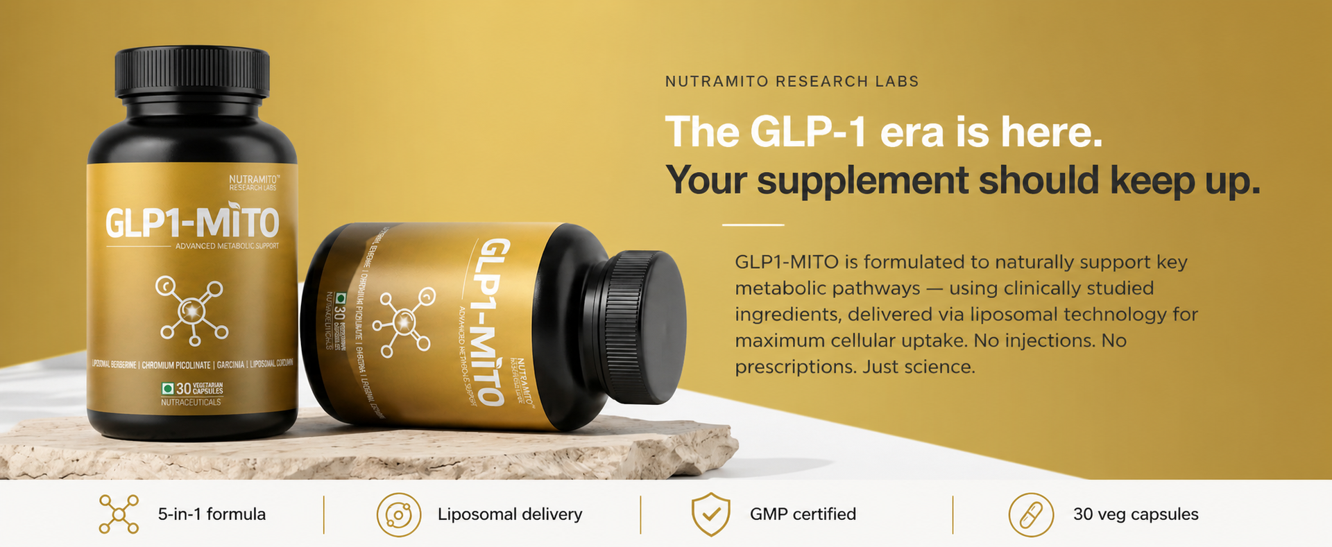 GLP1-MITO | 5-in-1 Weight Management Supplement | Liposomal Berberine, Chromium Picolinate, Garcinia Cambogia & Liposomal Curcumin with Piperine | 30 Veg Caps GLP-1 Supplement