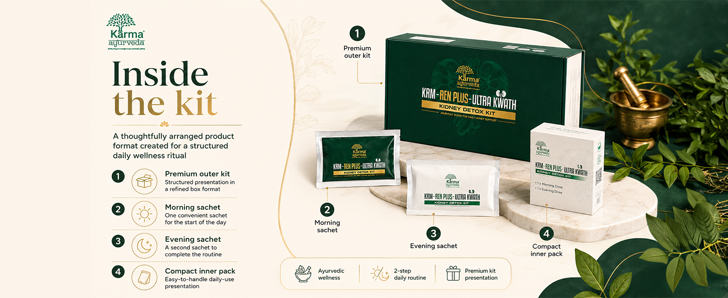Karma Ayurveda KRM-Ren Plus Ultra Kwath Kidney Detox Kit | 28 Ayurvedic Herbs with Gokshura, Punarnava & Varun | Developed by Dr. Puneet Dhawan | Morning & Evening Dose 15 Days Kit