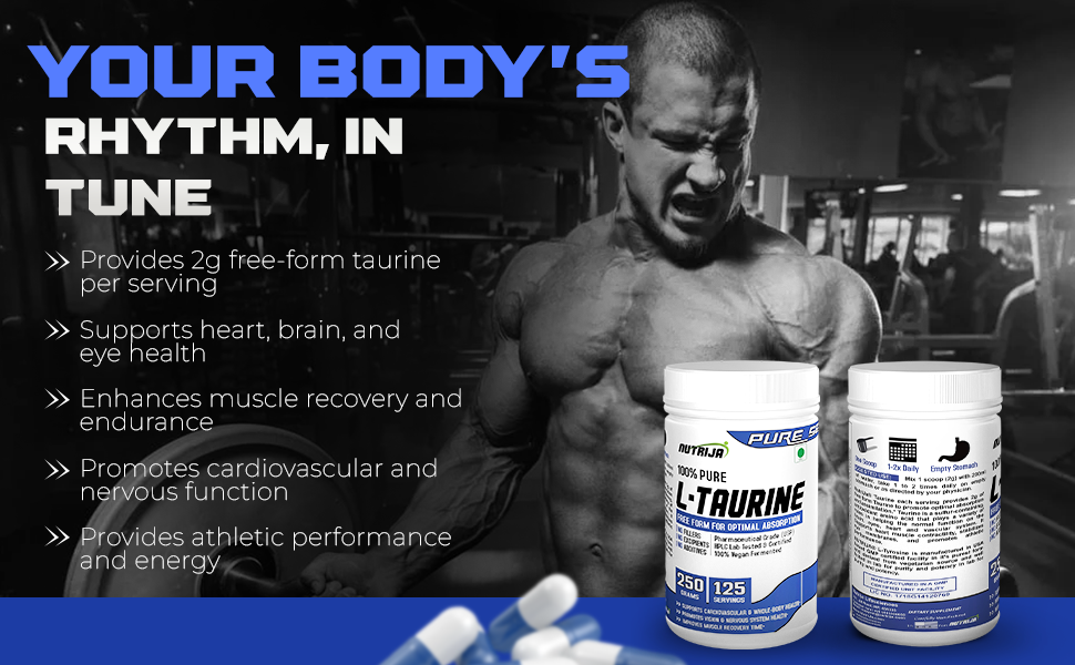 NutriJa Taurine Powder - 100% Pure Free Form Taurine - No Additives, No Fillers - Supports Heart, Nerve & Muscle Recovery 250 Grams Pack