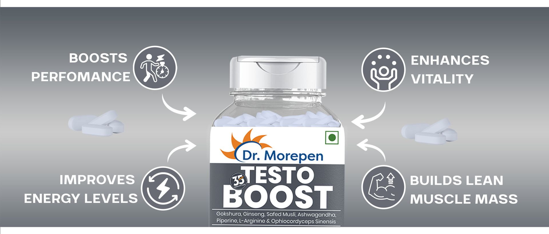 DR. MOREPEN Testo Boost For Men Enriched With Gokshura, Shilajit, Safed Musli, Ashwagandha, L-Arginine, & Ophiocodyceps Sinensis - 60 Veg Tablets