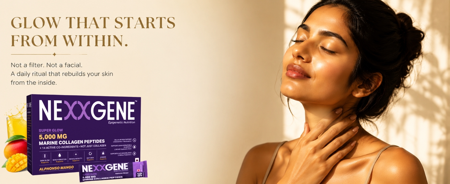 Super Glow | Skin Radiance Drink Mix | 5000mg Hydrolyzed Marine Collagen Peptides Type I & III, +14 Active Ingredients | Astaxanthin, Hyaluronic Acid, Resveratrol, 5 Billion CFUs Probiotics | Alphonso Mango Flavour | 28 Sachets | 4 Weeks Supply