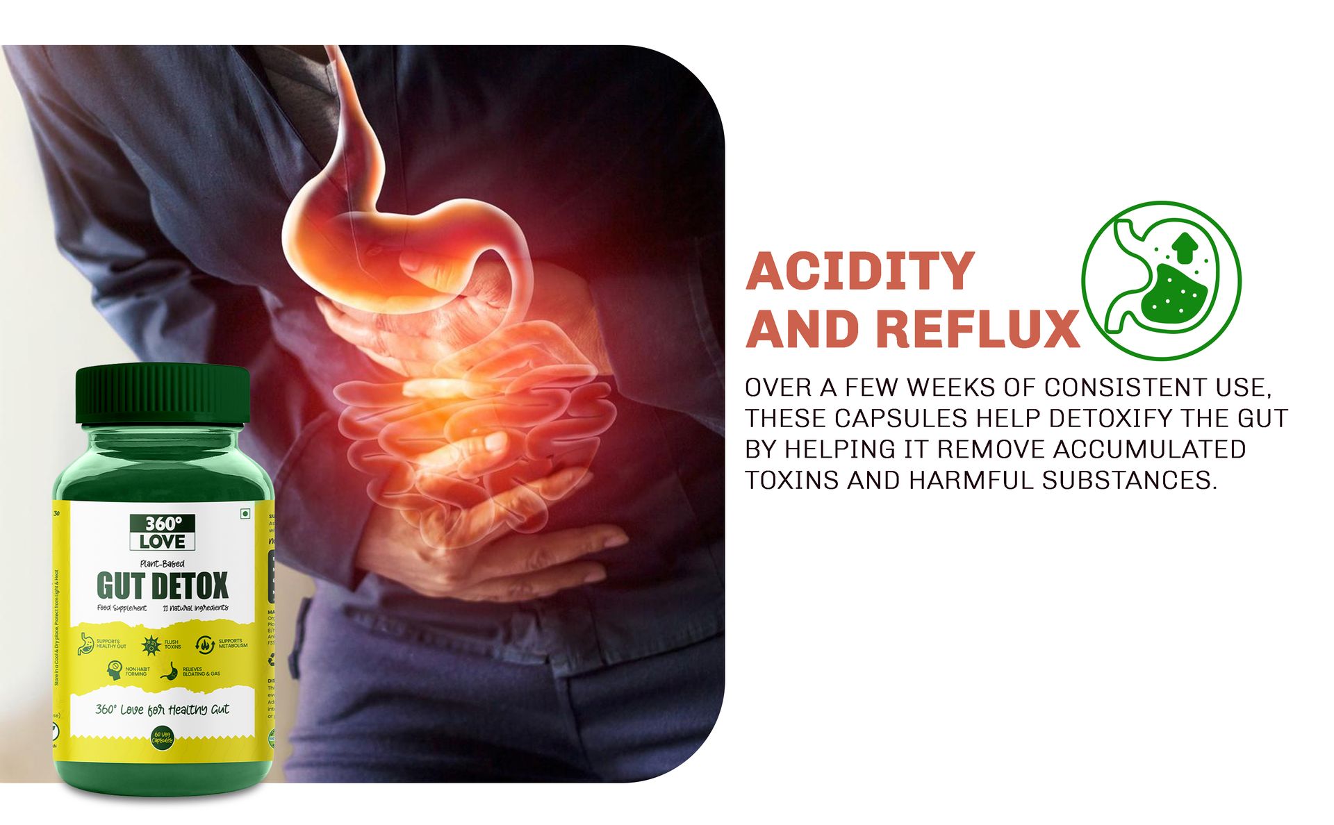 Plant Based Gut Detox with 11 Natural Ingredients | Supports Metabolism & Healthy Gut | Improves Digestive Health - 60 Veg Capsules