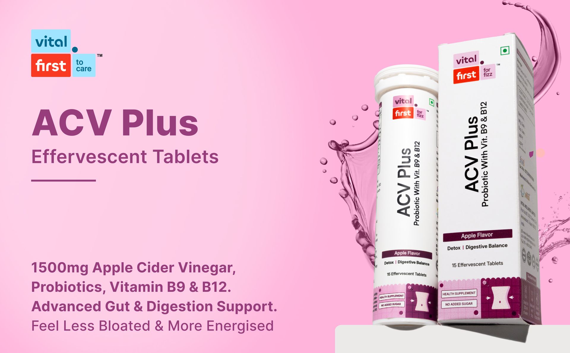 ACV Plus Effervescent Tablets 1500mg Apple Cider Vinegar with Probiotics & Vitamin B9 B12 | Clinically Proven Ingredients for Weight Management, Craving Control, Gut Health & Detox | No Added sugar