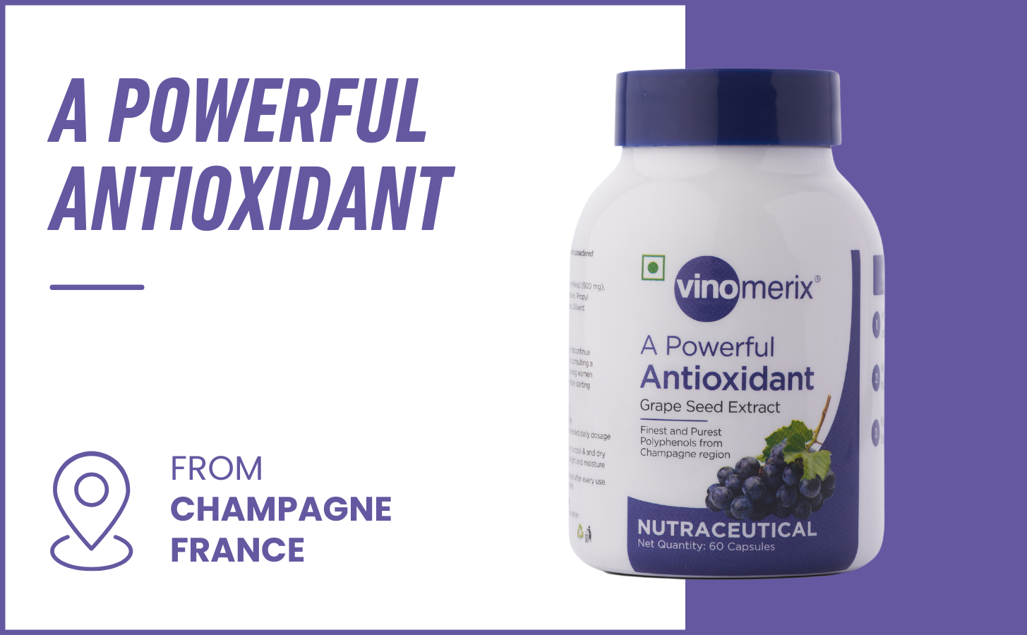 Antioxidant, Grape seed extract | Helps in reducing blood pressure, oxidative stress and improve blood circulation | No Paraben | 600 mg - 60 Veg Capsules