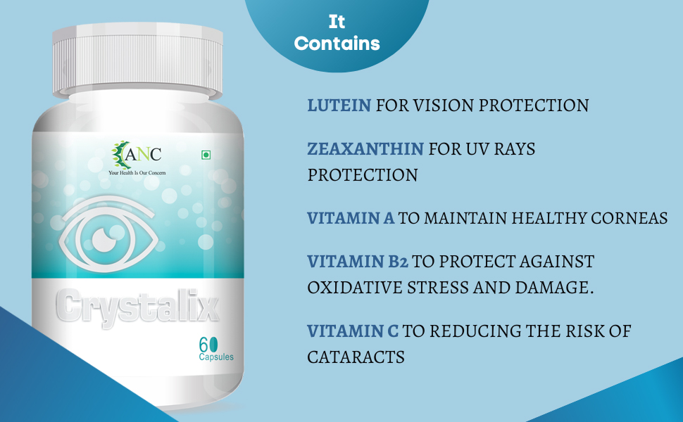 ANC Crystalix Eye Supplement Lutein, Zeaxanthin, Vitamin A, Vitamin B2, Vitamin E Support Eye Health, Helps in Improve Vision, Kids & Adults, Digital Safe Guard, Blue Light, Veg 60 Capsules-Pack of 1