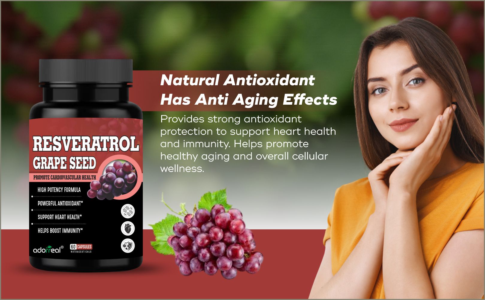 Resveratrol Grape Seed Supplement, 60 Capsules, High Potency Antioxidant Formula for Heart Health and Immunity Support