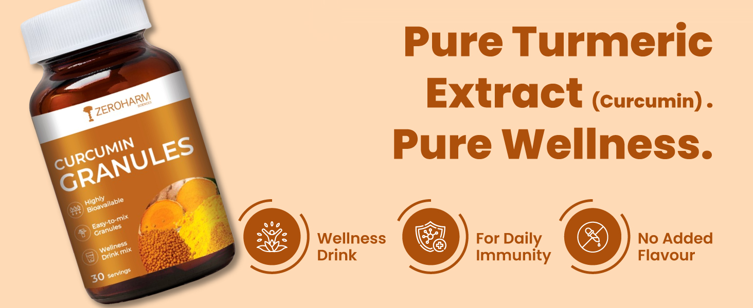 ZEROHARM Curcumin Granules from Turmeric | Easy-Mix Golden Wellness Drink for Immunity & Skin Health | Highly Bioavailable | No Mess, No Powder | Tea & Coffee Alternative for Men & Women | 100 Grams