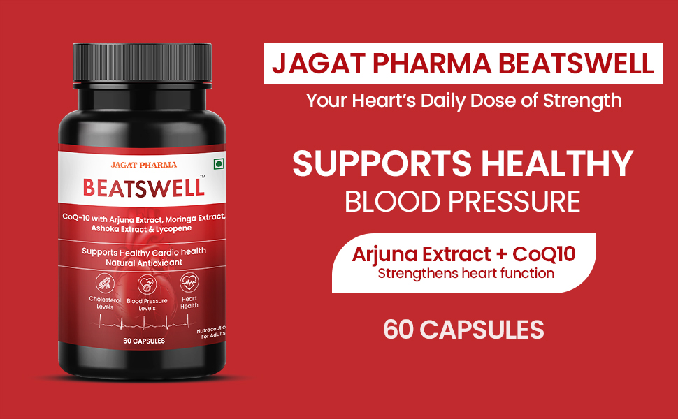 Jagat Pharma Beatswell – Heart Health Supplement with Arjuna, CoQ10, Moringa & Lycopene | 60 Capsules | WHO-GMP Certified | Lab Tested | Natural Cardio Support