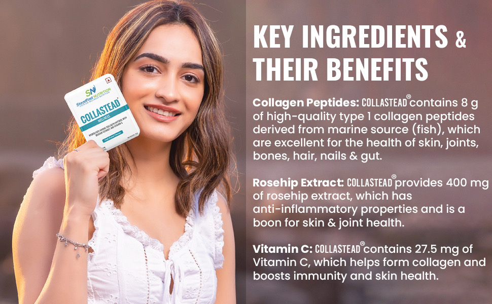 Steadfast Nutrition CollaStead Fruit Punch 300gm, 30 Sachets,Natural Marine Supplements Boost Skin Hair Bones Nail Health with Pure Collagen Peptides