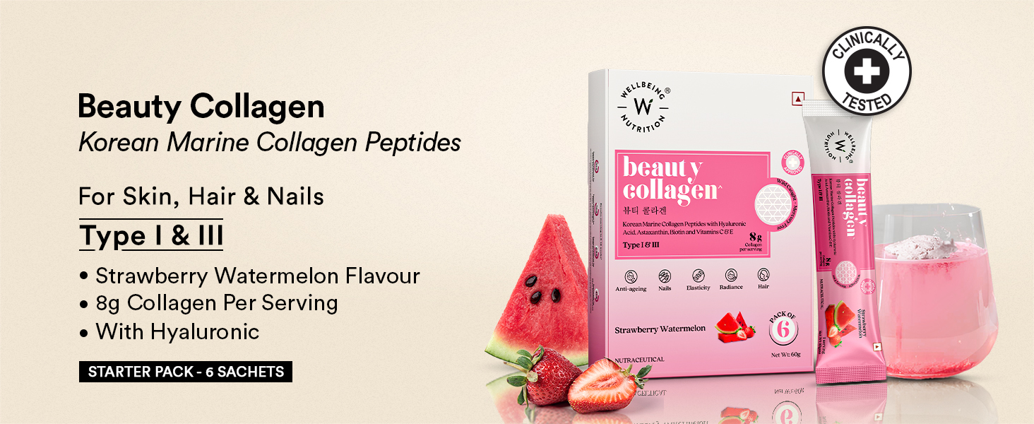 WELLBEING NUTRITION Beauty Korean Marine Collagen|Type 1 & 3 Peptides, Hyaluronic Acid, Astaxanthin, Biotin, Vit C|Hydration, Elasticity, Hair Growth|Strawberry Watermelon 6 Sachets, 1 count, 48 grams