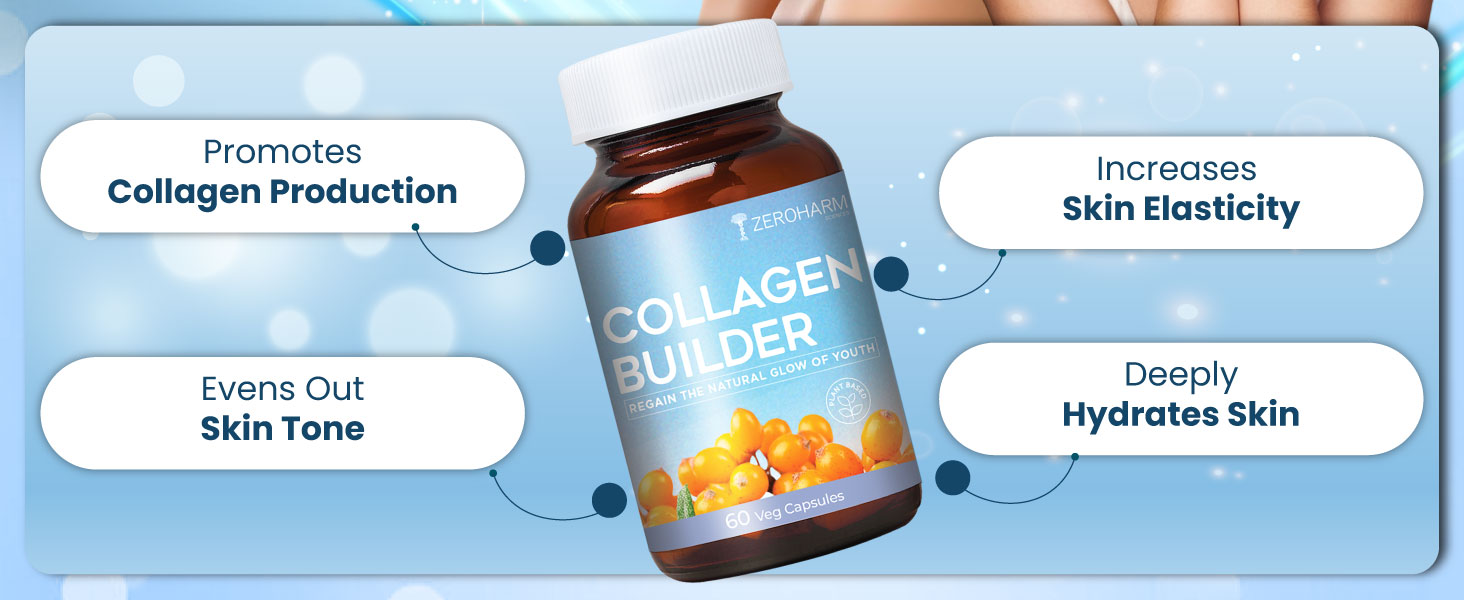 ZEROHARM Collagen Builder with Seabuckthorn, Vitamin C, Panax Ginseng & Biotin | Veg Collagen for Skin, Hair, & Joints | Plant-based Supplement for Youthful Skin | 60 Capsules
