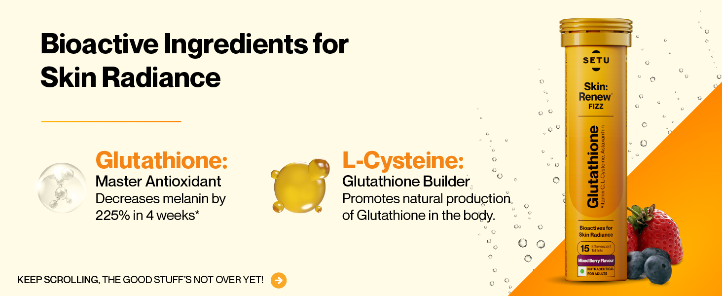 Setu Skin Renew Glutathione Tablets for Glowing Skin | 15 Effervescent Tablets with 500mg L-Glutathione & Vitamin C | Antioxidant & Skin Glow Supplement for Clear Skin | Mixed Berry (Pack of 1)