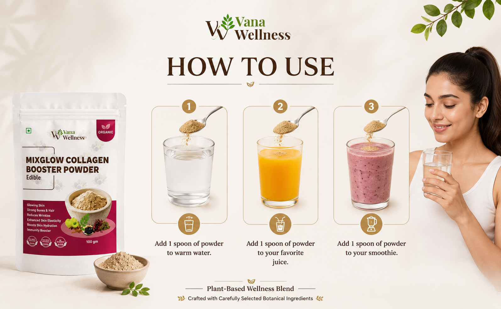 VanaWellness Pure Natural Mix Glow Collagen Booster Powder for Promotes Skin Elasticity Hair Strength & Healthy Nails (100 gm)