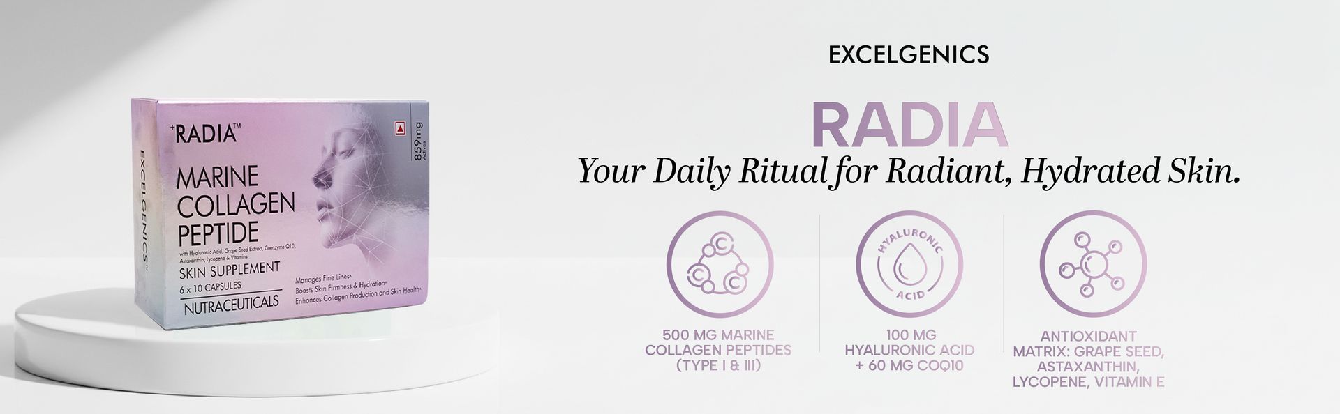 Radia Marine Collagen Peptide Capsules | Type I & III Hydrolysed Marine Collagen | Skin, Hair & Nail Wellness Support | 60 Capsules | Excelgenics