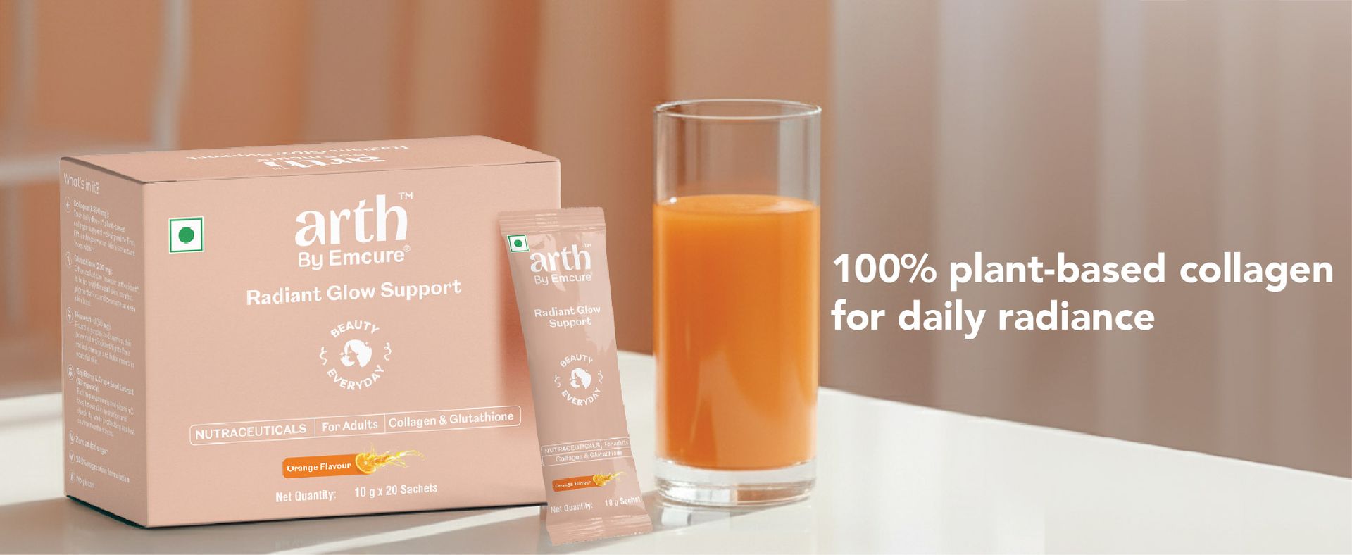 Arth Collagen Supplement | Daily Radiant Glow Support | Plant-Based Collagen Powder with Glutathione, Resveratrol, Goji Berry & Grape Seed Extract | Skin Radiance, Elasticity & Hydration | For Men & Women | 20 Sachets