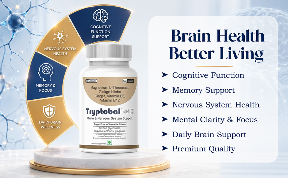 GM (LeeWell) Chewable Magnesium L Threonate Supplement Ginkgo Biloba, Ginger, Vitamin B6 & B12, Brain & Cognitive Memory Support, Sugar Free- 60 Tablets
