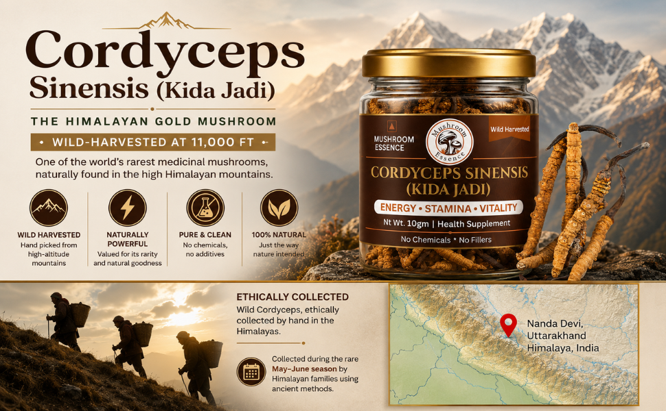 Mushroom Essence Cordyceps Sinensis Select Grade 60 pcs- (2–3 Pcs/gm) | Original Kida Jadi Buti (Yarsagumba) | Premium Whole Cordyceps Mushroom | 20g | Pack of 1