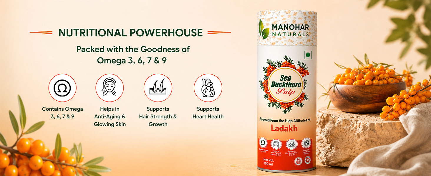 Sea Buckthorn Pulp 300ml | Sourced from High Altitudes of Ladakh | Rich in Omega 3, 6, 7 & 9 Helps to Immunity, Energy, Skin and Hair Health (300 ml)